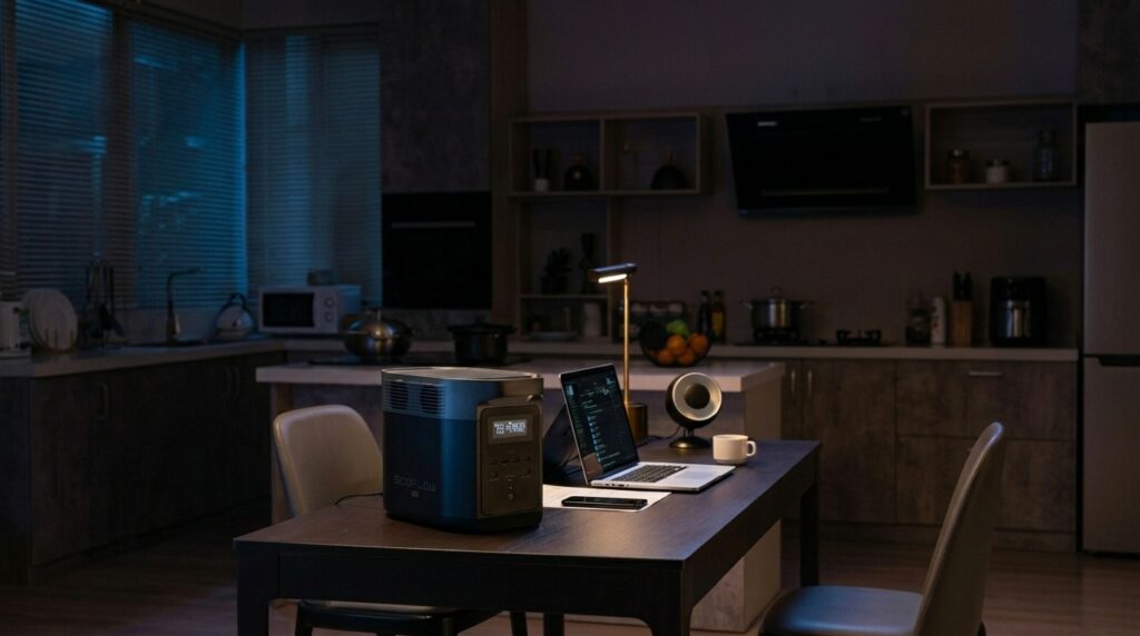 EcoFlow DELTA 2 acting as the best 1000w portable power station during a nighttime home power outage.