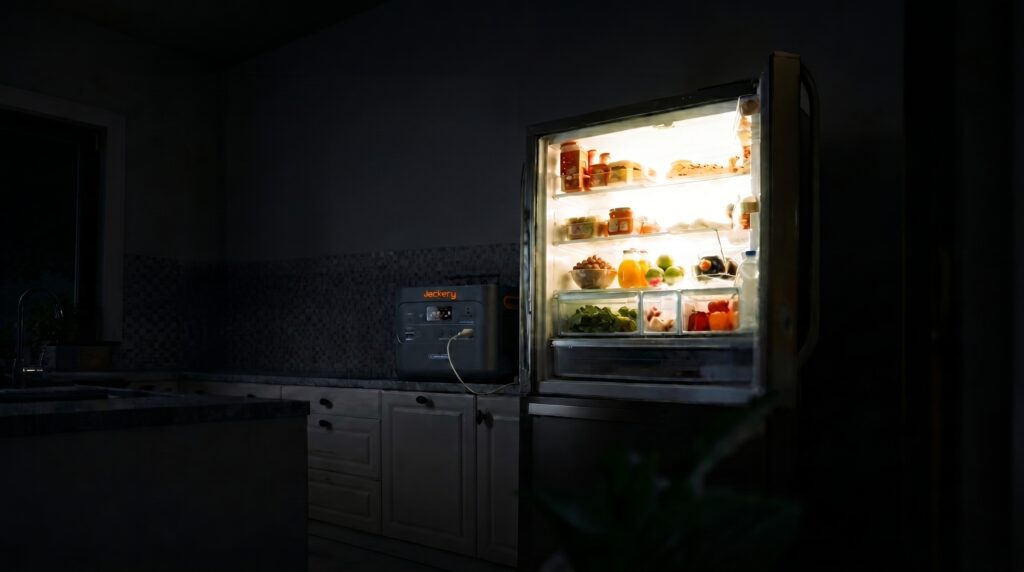 Jackery 2000 Plus acting as the best solar generator for refrigerator during a dark home blackout.
