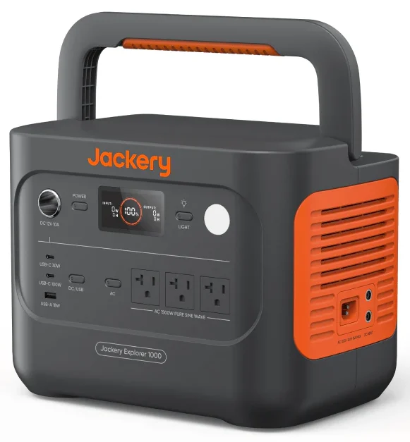 The official Jackery Explorer 1000 v2 portable power station with its foldable handle upright, representing the best 1000W portable power station.