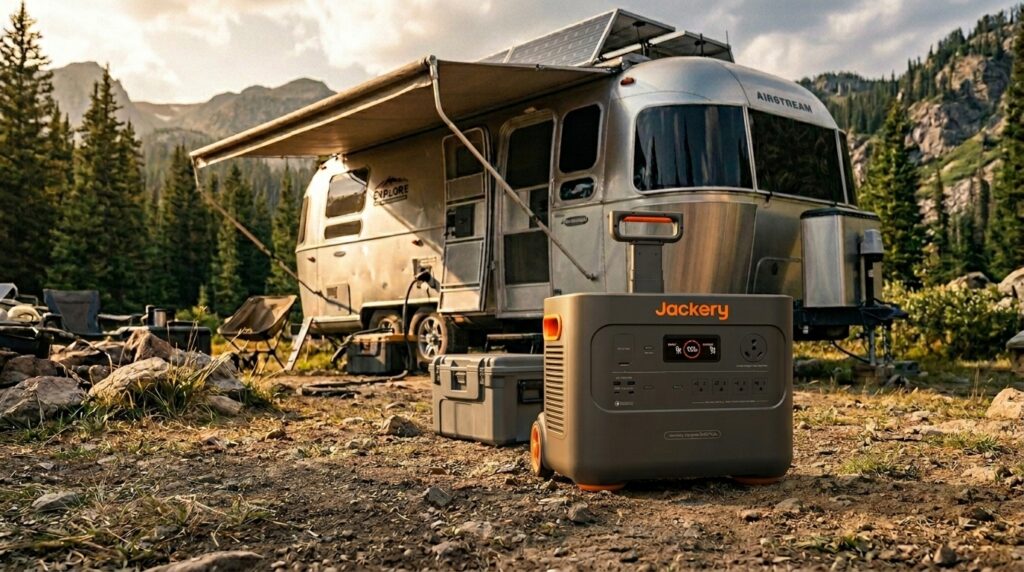 Jackery Explorer 2000 Plus portable power station set up at a campsite next to an Airstream trailer as the best solar generator for RV.