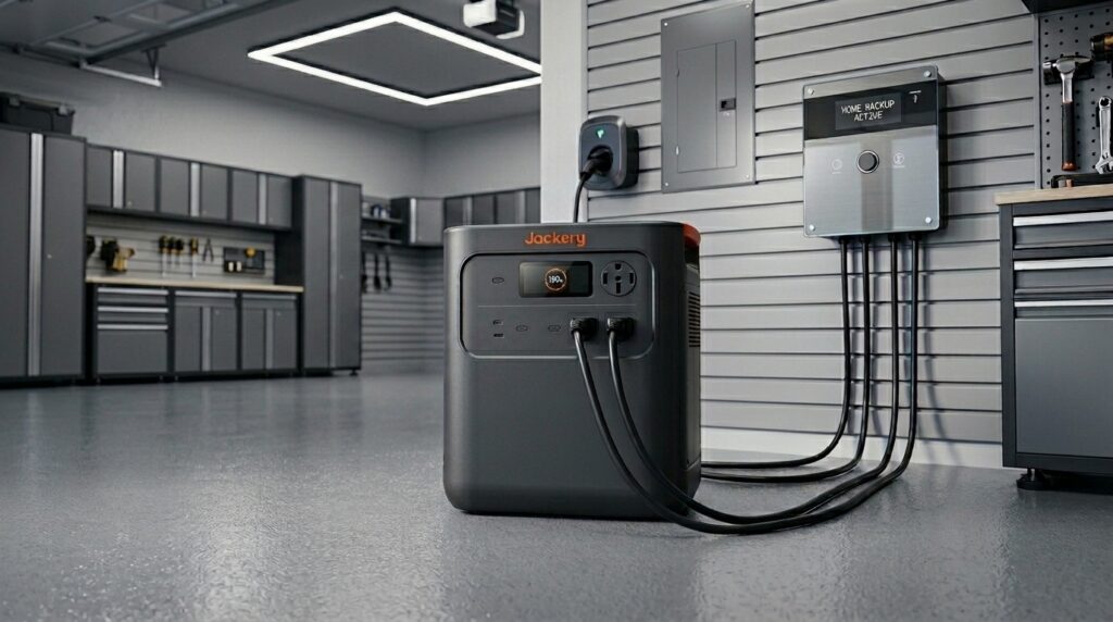 A visual summary of our jackery homepower 3600 pro max review showing it used as a home backup system.