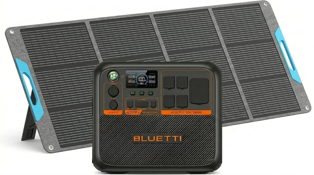 Renogy 200W solar panel connected to the power station, representing the best solar panels for BLUETTI AC200PL.