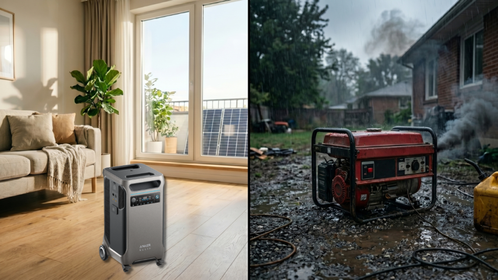 A visual comparison of a solar generator vs gas generator for home backup power during blackouts.