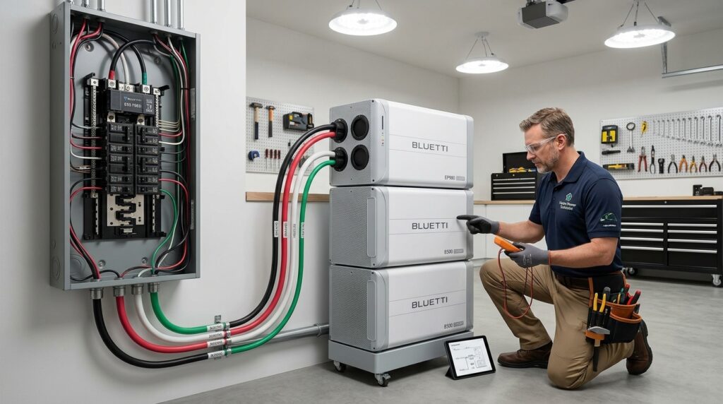 Professional electrician installing the BLUETTI EP900 home battery backup system in a garage.