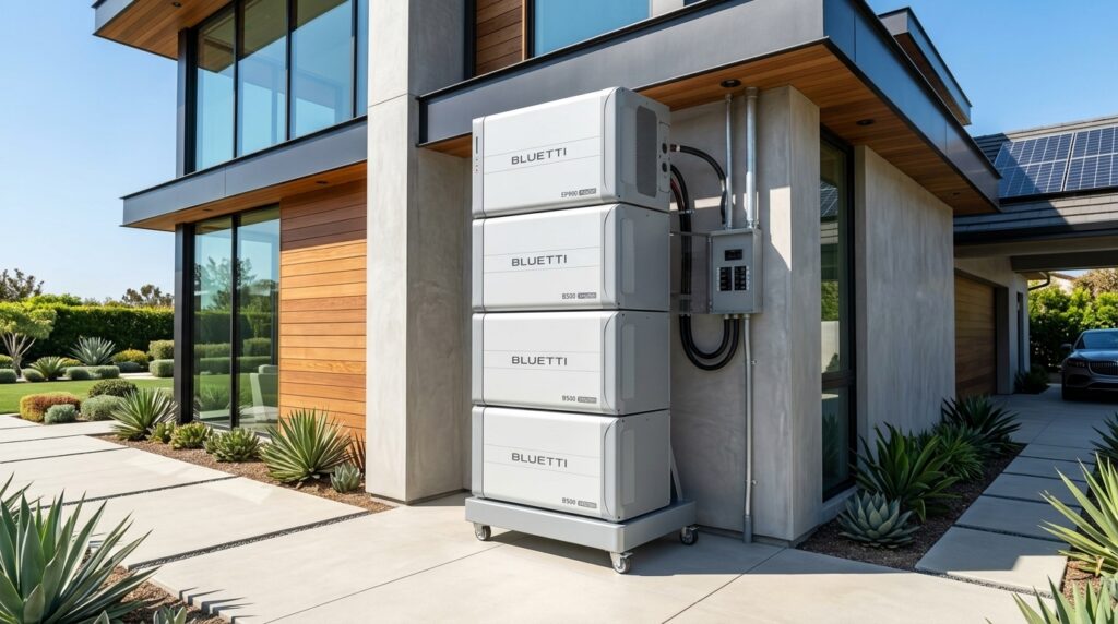 A complete BLUETTI EP900 home battery backup system installed outside a luxury modern home.