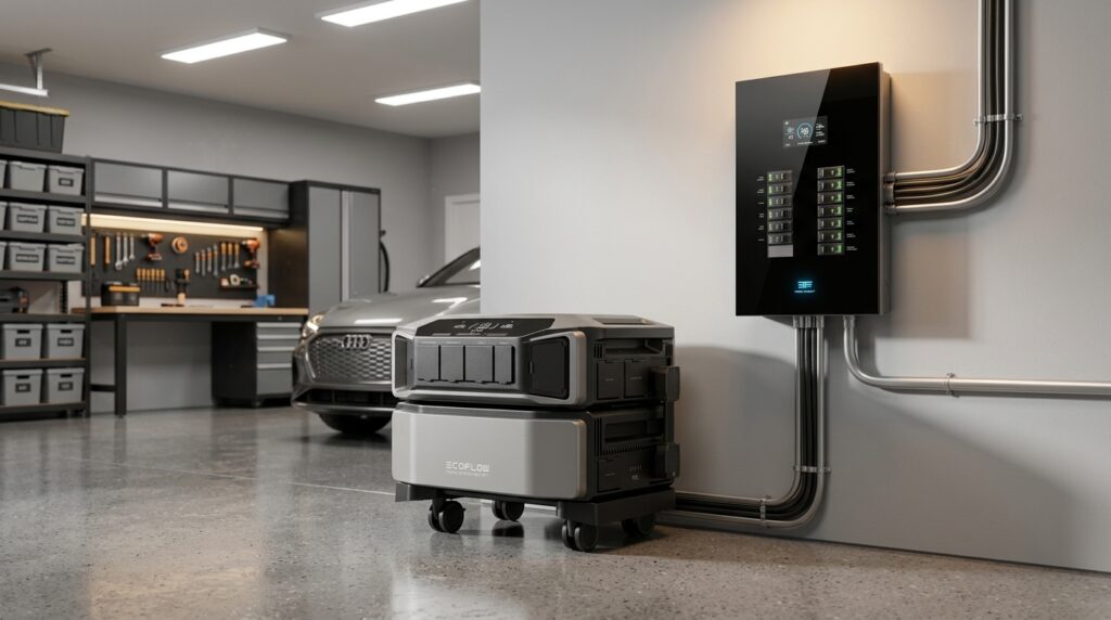A smart home garage setup showcasing our ultimate ecoflow delta pro ultra review.