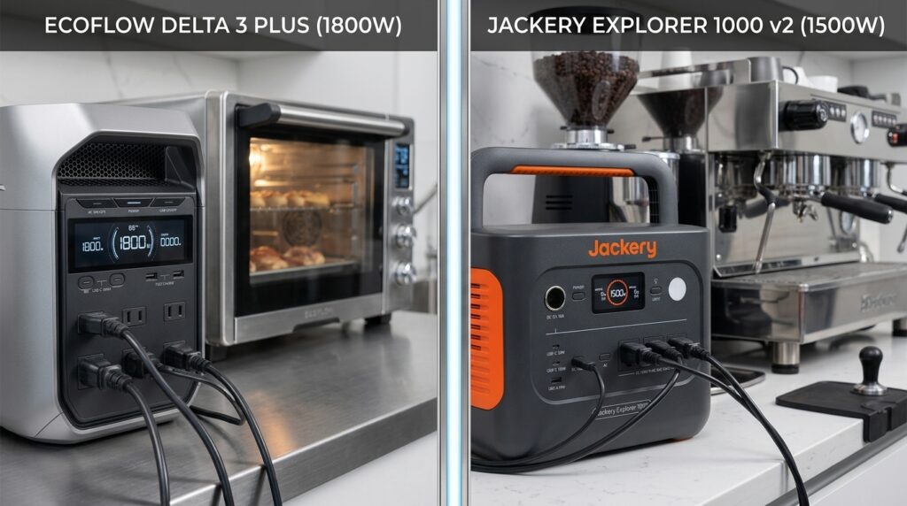 Comparing the 1800W and 1500W AC outputs in the ecoflow delta 3 plus vs jackery 1000 v2 battle.