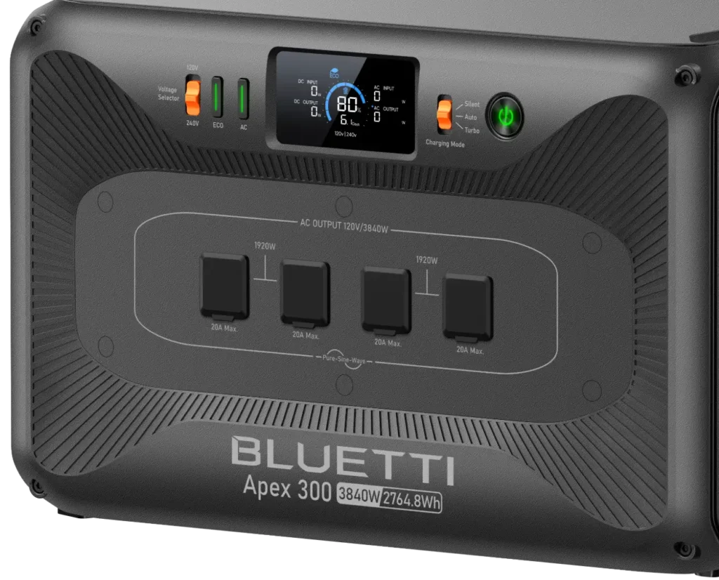 Examining the massive 3840W and native 240V ports in our bluetti apex 300 review.