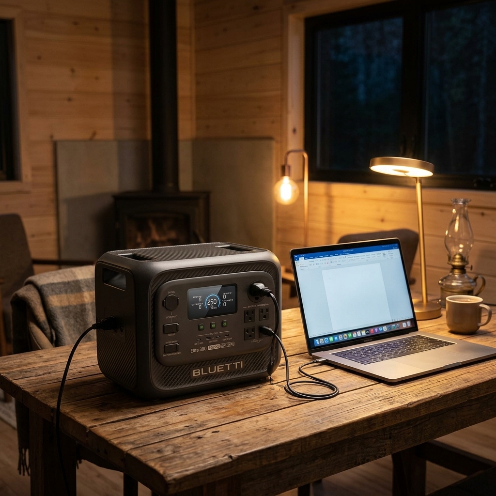 A cozy cabin backup setup highlighting our ultimate bluetti elite 300 review.