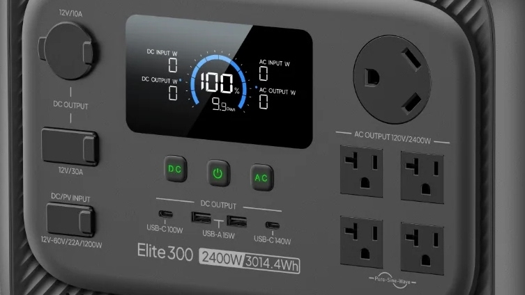 Examining the native 30A RV port and 2400W AC outlets for the bluetti elite 300 review.