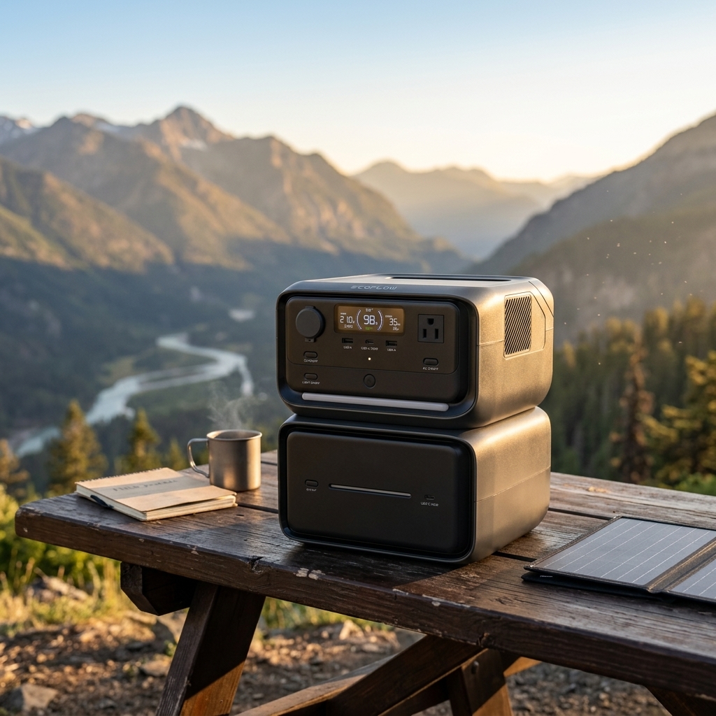 A mountain campsite setup showcasing our definitive ecoflow river 3 plus review.