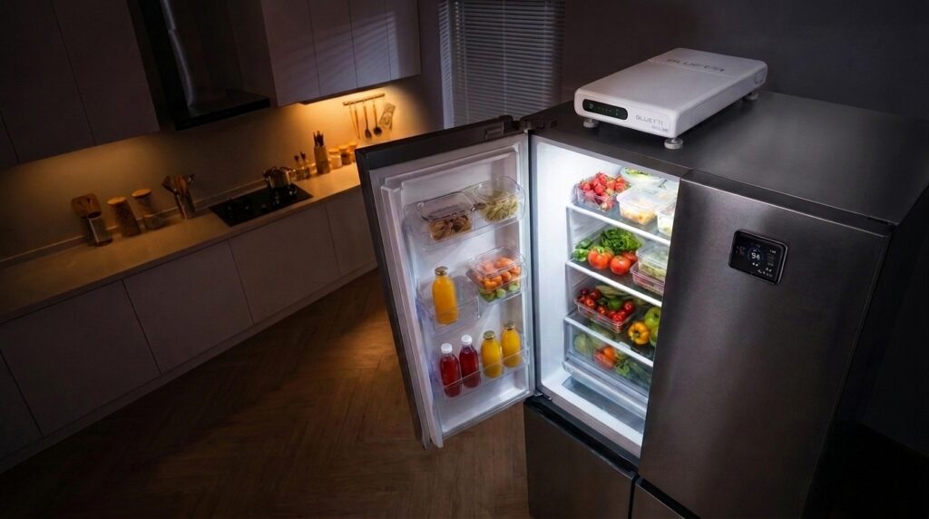 An ultra-slim kitchen emergency setup showcasing our bluetti fridgepower review.