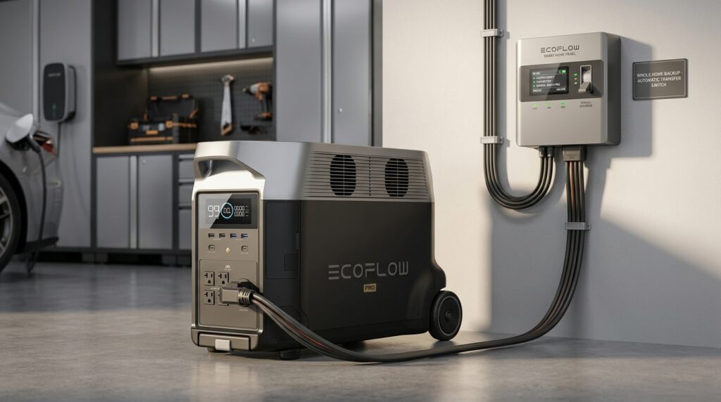 A smart home garage setup showcasing our ultimate ecoflow delta pro review.