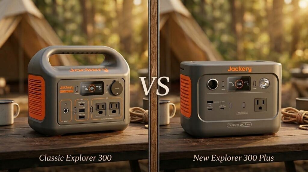A side-by-side camping setup demonstrating the ultimate jackery 300 vs 300 plus showdown for 2026.