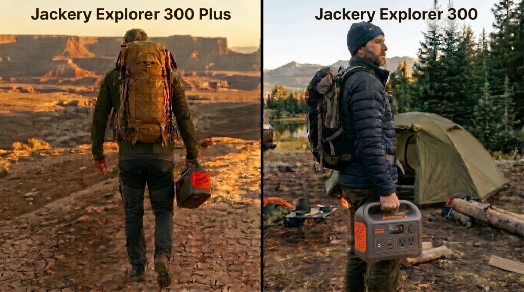 Comparing the solid and folding handles in the jackery 300 vs 300 plus portability test.