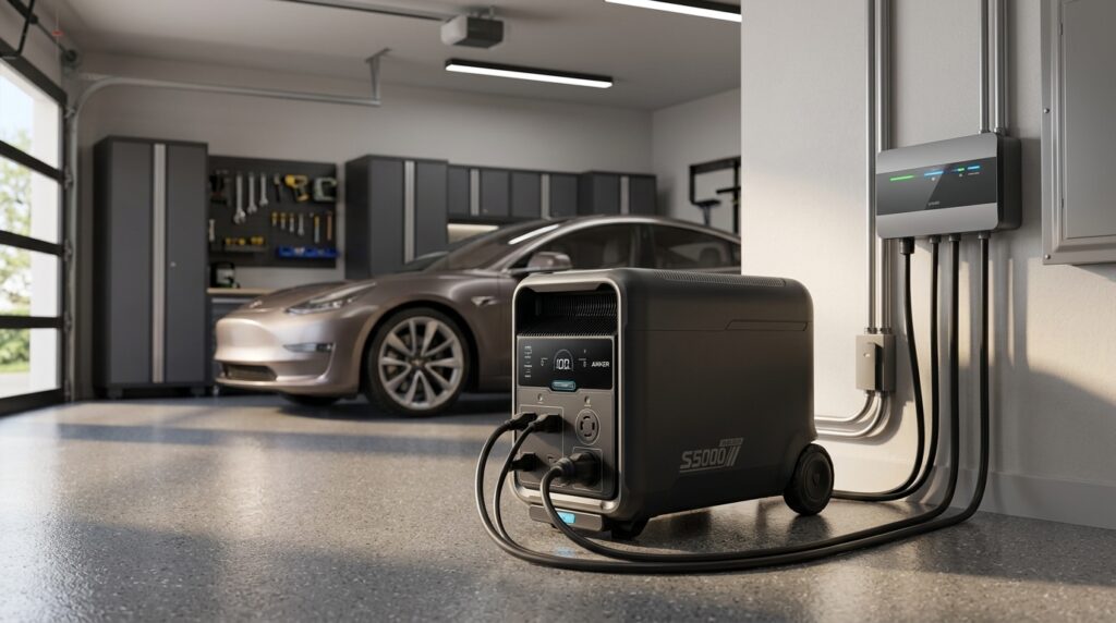 Anker SOLIX S5000 review showing the 5kWh unit connected to a home panel in a garage.